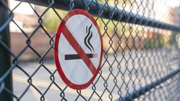A No Smoking sign with a red circle and slash symbol is displayed prominently on the fence as smoking is prohibited on the site due to safety concerns photo