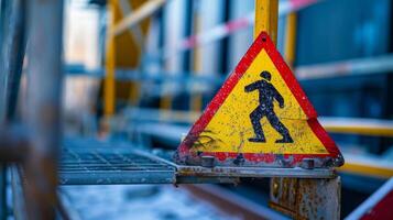 Near the edge of the construction site a sign with a yellow triangle and a person falling warns workers to be cautious and use proper fall protection equipment photo