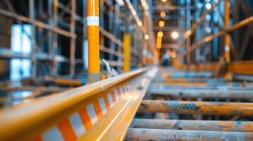 Steel beams ladders and other potential hazards are marked with reflective tape and caution tape to ensure workers can see and avoid them easily photo