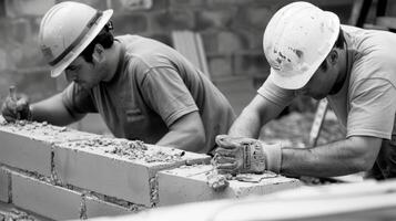 Two construction workers wearing hard hats and heavy gloves carefully lay bricks and cement to create a sy wall for a water retention structure photo