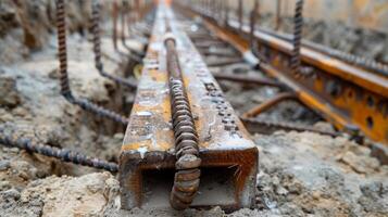 A closeup shot captures the detailed process of anchoring new steel rods into the buildings foundation effectively strengthening its ability to withstand seismic forces photo