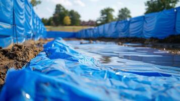A bright blue tarp lines the perimeter of a construction site preventing water runoff and keeping the area clear for the building of a water retention structure photo
