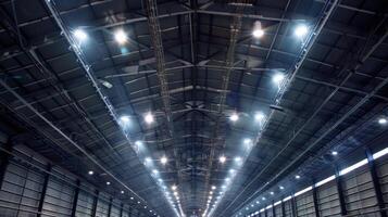 Multiple rows of industrialstyle track lights being installed along the ceilings of a new warehouse illuminating the large space from overhead photo