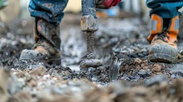 A worker using a jackhammer to break through the hard earth for a new utility line photo