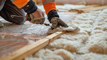 One worker using a staple gun to secure the insulation in place while another s pieces to size photo