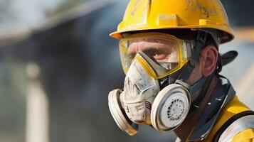 A worker wearing a respirator mask while handling potentially hazardous materials required for underground utility construction photo