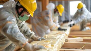 Workers using protective gear and masks to handle the insulation safely during installation photo