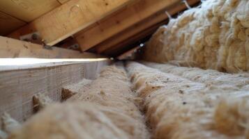 A closeup of the insulation material showing its thickness and texture as it is p between the walls photo