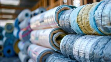 Large rolls of insulation material stacked up and waiting to be installed in the building photo