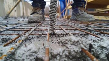 The team adds reinforcement bars to the poured concrete strengthening its structure and durability photo