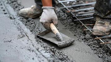 A worker carefully levels the concrete with a trowel ensuring a smooth and even surface photo