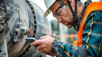 A technician using a diagnostic tool to troubleshoot an issue with a concrete mixer identifying and fixing the problem on the spot photo