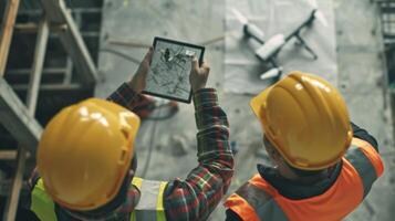 One architect is using a drone to capture aerial photos of the construction site while another is examining digital blueprints on a tablet