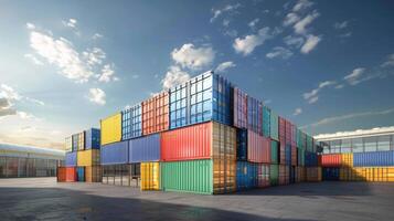 Large shipping containers stacked and interconnected to create temporary storage areas for building materials during construction photo