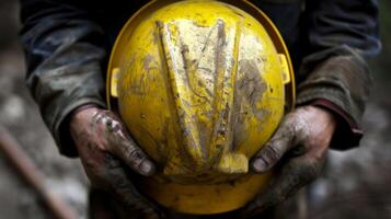 A worker puts on a bright yellow hard hat as he prepares for a safety drill ensuring he is easily visible in case of an emergency photo