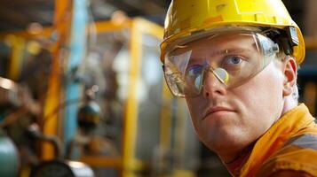 A worker wearing protective goggles and earplugs while operating a loud and heavy machinery emphasizing the importance of personal protective equipment photo