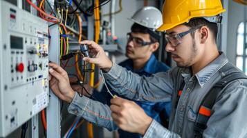 A team of technicians installing a hightech digital control panel for the buildings HVAC system photo