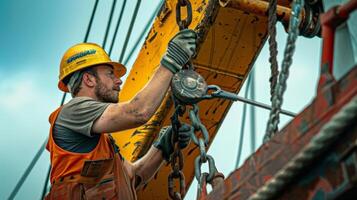 A crew member carefully tightens the bolts and screws that hold the crane together ensuring a secure fit for smooth operation photo