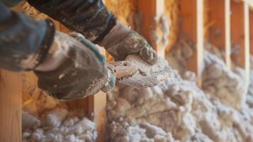 A worker using a spatula to evenly spread out cellulose fiber insulation within wall cavities of an office building photo