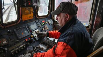 A worker carefully checks and double checks the various controls and buttons inside the operators cabin ensuring everything is in perfect working order photo