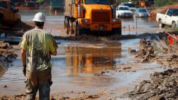A construction worker standing in ankledeep mud directing a truck as it struggles to get through the flooded construction site photo