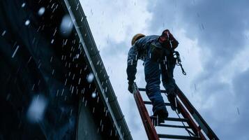 A construction worker scaling a tall ladder carefully securing it against the wind and rain to reach the roof of the building photo