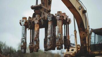 A large excavator holding several piles in its heavyduty claws ready to be driven into the ground photo