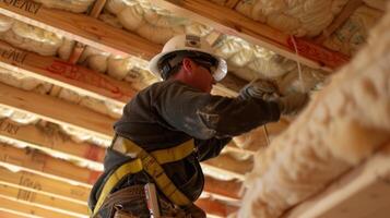 Workers carefully maneuver large pre sections of insulation into place making sure to avoid damaging any electrical or plumbing systems already in place photo