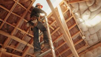 A worker climbs a ladder to reach the highest points of the home diligently adding insulation to every nook and cranny for optimal energy efficiency photo