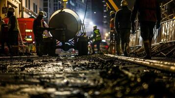 The dull hum of the concrete mixer is the only sound that can be heard in the otherwise quiet night as the workers carefully measure and pour the concrete with precision photo