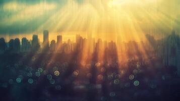 Rays of sunlight pierce through the silhouette of a city skyline creating a dynamic and dramatic scene that captures the beauty of crepuscular rays in an urban setting photo
