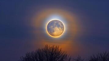 A surprising lunar halo around a harvest moon creating a mystical atmosphere photo