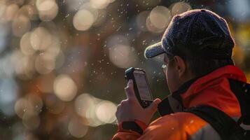 A researcher using a handheld weather station to record data on the sudden temperature changes brought by the warm winds photo