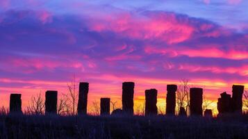 A sunset view of a field of basalt columns their dark silhouettes standing out against the colorful sky photo