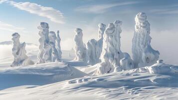 A hierarchy of snow chimneys with the tallest and most active towers serving as the focal point of the landscape photo