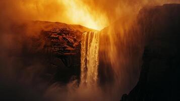 The beauty of nature on full display as a waterfall is transformed into a blazing wonder during the firefall phenomenon photo