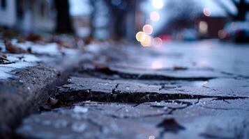 Jagged and cracked sidewalks a result of frost heaves pushing against the concrete photo