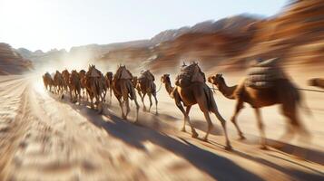 A distorted image of a caravan of camels trekking through the desert photo