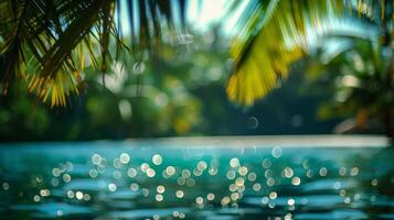 A mirage of a lush oasis surrounded by palm trees and sparkling blue waters photo