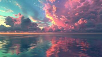 The serene and surreal sight of nacreous clouds hanging above a tranquil ocean photo