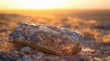 The subtle play of light and shadow on a varnished desert rock as the sun sets behind the horizon photo