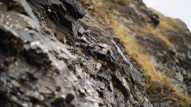 The side of a cliff showing evidence of multiple smaller landslides that have created a rocky and unstable surface photo