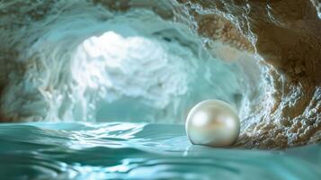 A solitary cave pearl perched on the edge of a ripplefilled underground pool creating a serene and peaceful sight photo