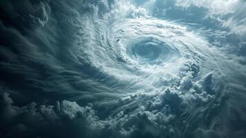 The tranquil center of a dangerous hurricane with bands of clouds swirling around it photo