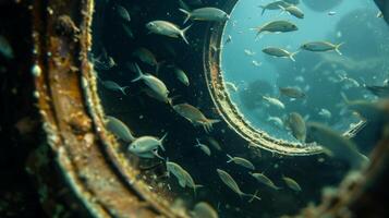 The ships portholes have been taken over by schools of tiny fish their movements creating a mesmerizing sight for divers photo