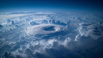 The intense winds of a hurricane causing clouds to spiral around a still and serene center photo