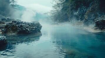 A hot spring with a milky blue color adding to the ethereal atmosphere photo