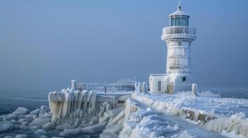The lighthouses frozen layers seem to whisper tales of the winter seas and the brave sailors it has guided to safety photo