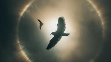 The illuminated wings of a bird flying through the sun dogs creating a mesmerizing visual effect photo