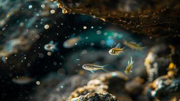 Tiny fish darting through the shallow waters their only source of light coming from the cave entrance photo